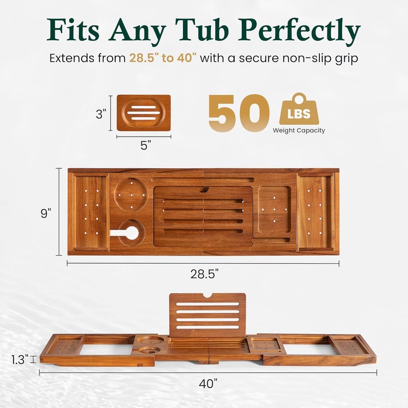 Realgulf Teak Bathtub Tray, Bath Caddy with Wine Glass Holder, Phone Dock & Book Stand | Hands-Free Reading & Ultimate Spa Relaxation Experience-Natural - Image 4
